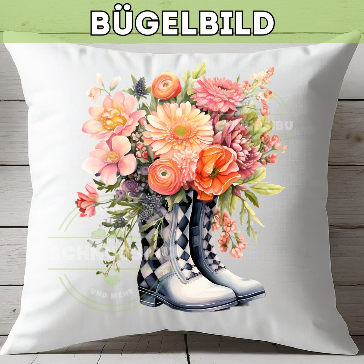Bügelbild Flower Boots schwarz-weiss